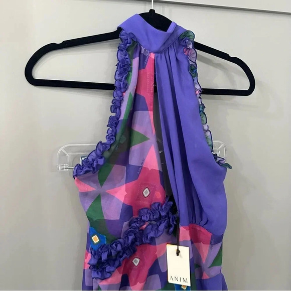 NWT ANIM Dress ANIM Helmut Purple Floral Halter Mini Dress Size Medium - Picture 3 of 8